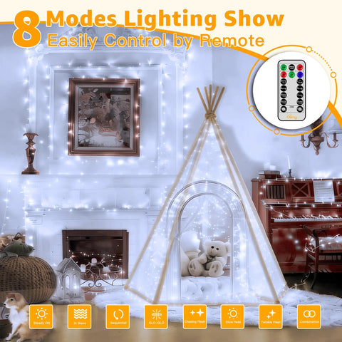 Outdoor 800 LED Christmas String Lights 262 Feet With Remote 8 Modes Dimmable illuminating indoor tent and fireplace decor