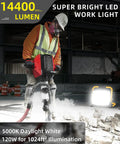 Worker using 14400 Lumens LED Work Light With 120W Flood Light 16 Ft Cord in construction site at night