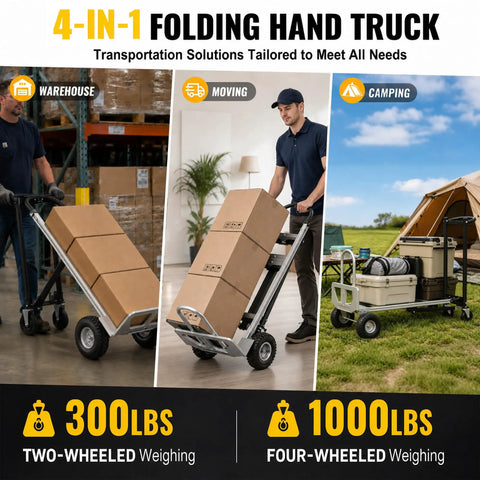 4 In 1 Convertible Hand Truck With 1000 Lb Capacity, Foldable Dolly Cart That Converts To Flatbed, 2 Wheel Hand Truck, And 4 Wheel Dolly, Built With A3 Steel Tube And Aluminum Alloy, Rugged Workhorse For Warehouses, Supermarkets, And Offices, Black, shown in warehouse, moving, and camping use