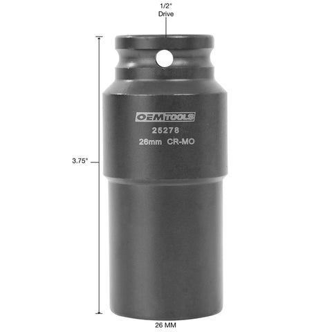 26mm Crank Bolt Socket For Seized Harmonic Balancers Heavy Duty 6 Point Impact Socket One Half Inch Drive, labeled OEMTOOLS