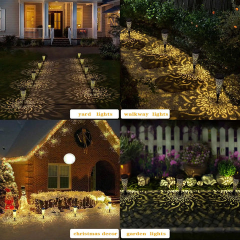 Six Pack Solar Outdoor Garden Lights With Mandala Pattern, Warm Amber Glow illuminating pathway and garden at night