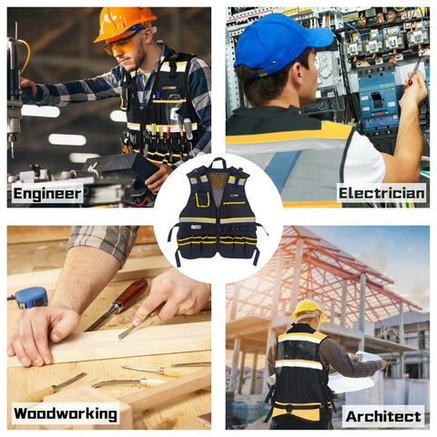 Reflective Safety Tool Vest With Multiple Pockets And Zipper Heavy Duty Work Vest For Electricians And Carpenters