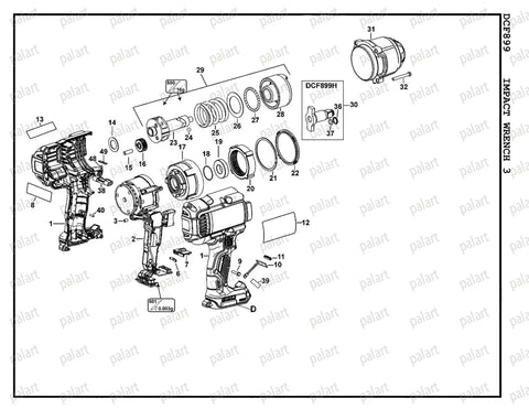 Exploded view of a Dewalt impact wrench assembly including the 1/2 Inch N415875 Replacement Anvil Assembly For DCF899HB Type 1-3.