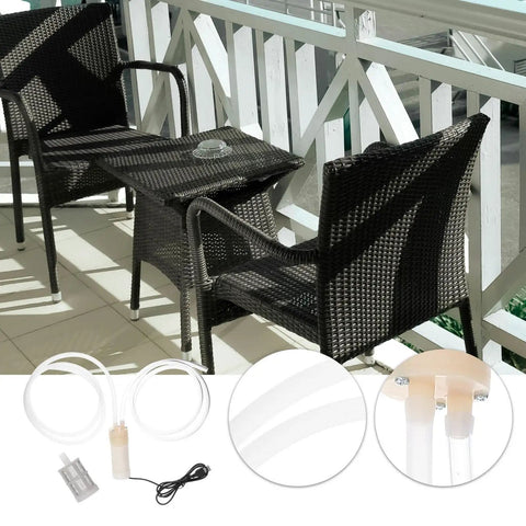 Pocket Sized 5V Mini Water Pump, USB Powered Submersible Sump For Pool And Balcony Drainage on balcony with chairs.