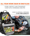 Arsenal 5188 Jobsite Backpack With Hard Hat Storage showing clamshell opening, 39L capacity for PPE, 600D ripstop exterior