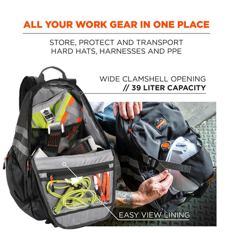 Arsenal 5188 Jobsite Backpack With Hard Hat Storage showing clamshell opening, 39L capacity for PPE, 600D ripstop exterior