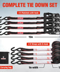 4 Pack Heavy Duty Ratchet Tie Down Straps 1 Inch X 12 Foot 1500 Lbs Breaking Point showing ratchets and S-hooks with carrying bag.