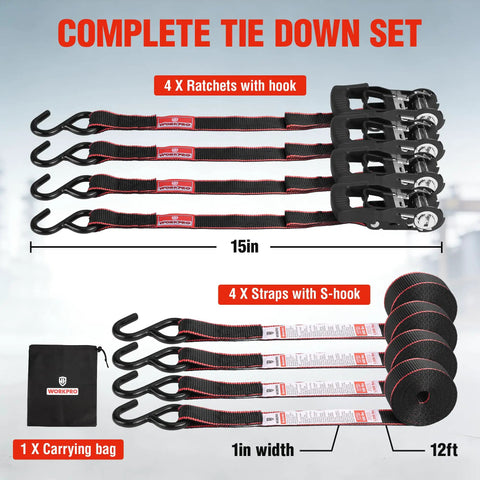4 Pack Heavy Duty Ratchet Tie Down Straps 1 Inch X 12 Foot 1500 Lbs Breaking Point showing ratchets and S-hooks with carrying bag.
