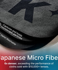 Japanese Micro Fiber cloth packaging close-up showing bold white text on a black curved band