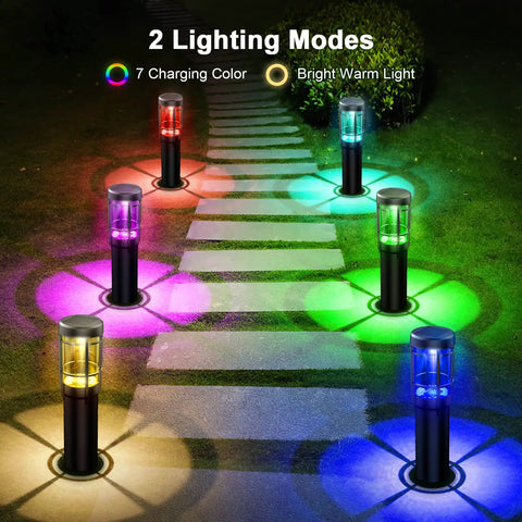 Solar Pathway Lights Pack Of 6 With Warm White And Color Changing Modes IP65 Waterproof Outdoor Garden Lights illuminating path
