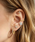 Gold Stud Earrings Set For Women With Nine Pairs Of CZ Flower, Ball, And Star Huggie Hoops For Multiple Piercings, Flat Back Cartilage Tragus Earrings, Stacks, Gold Silver Plated, Everyday Shine on ear model
