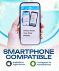 Hand holding smartphone displaying AI app for All In One Pool And Spa Water Test Kit With AI Powered App No Fuss Thick Strips.