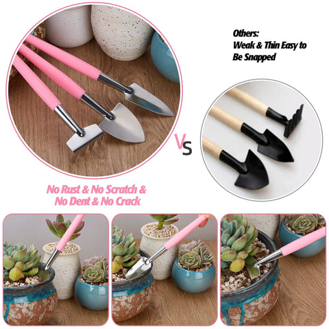 Close-up of 24 Piece Mini Garden Tools Kit For Succulents And Fairy Gardens with pink handles and stainless steel heads.