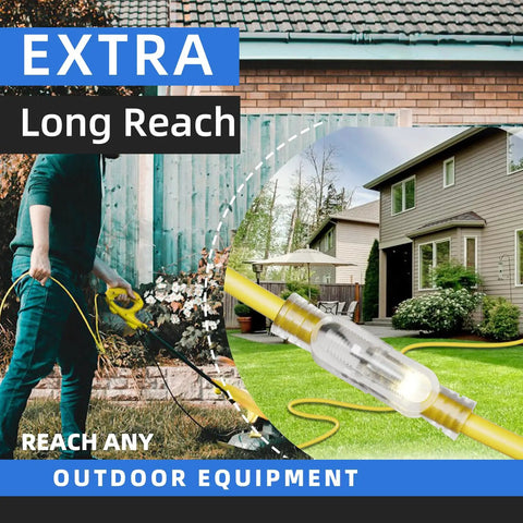 Heavy Duty 25 Foot 12 Gauge Outdoor Extension Cord With Lighted End in use for lawn equipment, ETL Listed, yellow cable