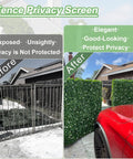 Comparison of fence before and after using Six Pack 20 Inch By 20 Inch Artificial Grass Wall Panels Greenery Backdrop Set Boxwood Leaves.