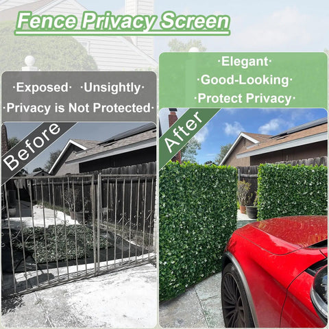 Comparison of fence before and after using Six Pack 20 Inch By 20 Inch Artificial Grass Wall Panels Greenery Backdrop Set Boxwood Leaves.
