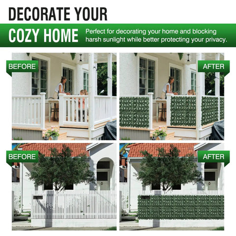 Before and after images of Artificial Ivy Privacy Fence Wall Screen 120 By 40 Inches 12 Pack Of 20 By 20 Inch Panels installed on porches.