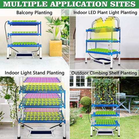 Hydroponics Growing System Kit With 108 Plant Sites for Vegetables Flowers Fruits and Herbs in indoor and outdoor settings.