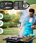 Man grilling with Camping Cooking Utensils Set With Stainless Steel Grill Tools And Portable Kitchen Gear For Travel Tenting RV Van Picnics Green 13 Piece Road Trip Ready Cookware Essentials.