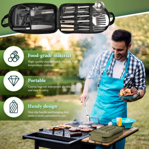 Man grilling with Camping Cooking Utensils Set With Stainless Steel Grill Tools And Portable Kitchen Gear For Travel Tenting RV Van Picnics Green 13 Piece Road Trip Ready Cookware Essentials.