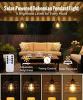 Top Rated Solar Pendant Chandelier Set Of Two With Smart Remote And Custom Hourly Timer Featuring Knockout Bohemian Gold Bead Copper Wire Design To Deck Out Your Patio Or Room With Ultimate Cozy Vibes And Killer Ambient Lighting. Solar-powered pendant light showcasing adjustable brightness with remote control in a cozy patio setting.