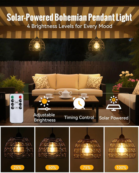 Top Rated Solar Pendant Chandelier Set Of Two With Smart Remote And Custom Hourly Timer Featuring Knockout Bohemian Gold Bead Copper Wire Design To Deck Out Your Patio Or Room With Ultimate Cozy Vibes And Killer Ambient Lighting. Solar-powered pendant light showcasing adjustable brightness with remote control in a cozy patio setting.