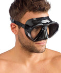 Man wearing Matrix 2-Lens Scuba Mask for Diving and Snorkeling With Downward-View Tear-Drop Lenses Comfy Fit Patented Design