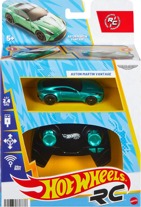 Packaging of Remote Control Aston Martin Vantage RC Car 1 64 Scale with remote and teal vehicle in box.
