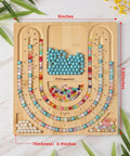 Bamboo Bead Board for Jewelry Making With 3 U Shaped Grooves And 4 Storage Slots shown with colorful beads, size markings visible.