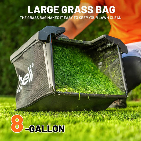 Cordless 13.4 Inch Electric Lawn Mower Walk Behind With Dual 4Ah Batteries, 8 gallon grass bag filled with grass, outdoor use