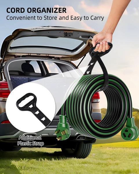 Straightforward Heavy Duty 30 Amp Ev Extension Cord That Juices Up Your Level 2 Charger Or Dryer Outlet Without Breaking A Sweat, 10 Foot Nema 10-30 Plug To Socket, Waterproof 10 Gauge Copper, EtL Approved, stored in car with cord organizer.