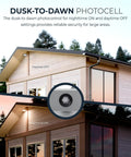 Outdoor Dusk-To-Dawn LED Security Area Light With 4000 Lumens, Wall Or Pole Mount on house illustrating day-night function