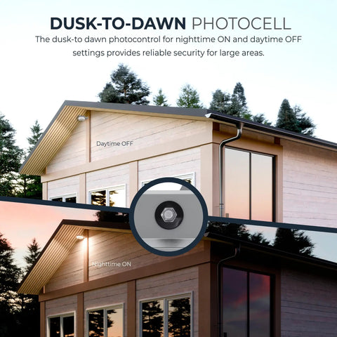 Outdoor Dusk-To-Dawn LED Security Area Light With 4000 Lumens, Wall Or Pole Mount on house illustrating day-night function