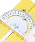 Close-up of Premium Anodized Gold Aluminum Router Lift Base with angle gauge for precise woodworking adjustments.
