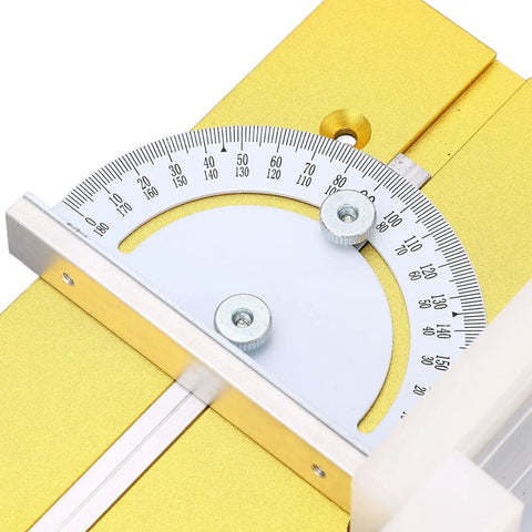 Close-up of Premium Anodized Gold Aluminum Router Lift Base with angle gauge for precise woodworking adjustments.