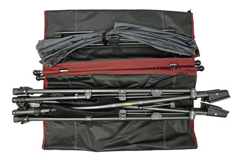 All In One Portable Folding Hammock With Metal Frame And Retractable Canopy Ideal For Camping Patio Or Backyard Chill Sessions Side Pockets Easy Zip Carry Sling Red folded in carry bag