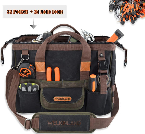 32 Pocket Waxed Canvas Tool Bag With Heavy Duty Build For Electricians And HVAC Pros, 16 Inch Tool Carrier with tools inside