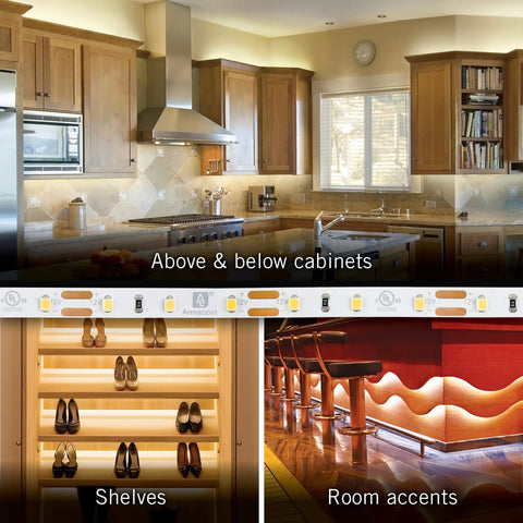 RibbonFlex Pro 12V White LED Strip Lights 60 LEDs Per Meter 2700K Warm White illuminating kitchen cabinets and shelves.