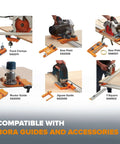 BORA NGX compatible saw guides and accessories: track clamps, saw plates, router guide, jigsaw guide, T-square.