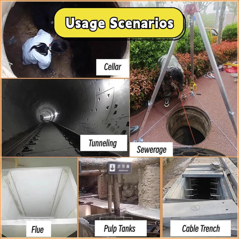 Rugged Confined Space Tripod Rescue Rig Featuring Heavy Duty Winch Choices And Dependable Fall Protection Gear For No Sweat Lifting Jobs In Deep Wells Manholes And Rooftop Sites in various usage scenarios including sewerage and tunnels.