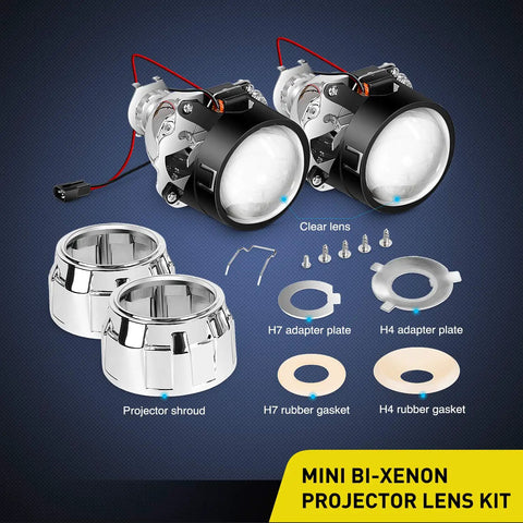 2.5 Inch Mini Projector Lens For H1 Headlights Retrofit And Custom Headlamps Upgrade With Chrome Shroud Fits Tight Spaces Great For Quad Retrofits And Fog Lamp Upgrades 2 Year Warranty photo showing components