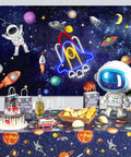 Rad Neon Rocket Sign LED Light For Bedroom Decor with cosmic theme in party room, 16 by 12 inch, by space-themed table.