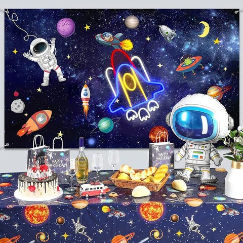 Rad Neon Rocket Sign LED Light For Bedroom Decor with cosmic theme in party room, 16 by 12 inch, by space-themed table.