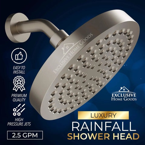 High Pressure Rainfall Shower Head Matte Black 6 Inch Diameter 2.5 GPM Flow Anti Clog 90 Rubber Jets 360 Degree Rotation