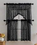 Cozy Tassel Linen Textured Swag Curtain Valance With Light Filtering Privacy For Farmhouse Kitchen Vibe And Small Windows 36x36 Two Pack In Black Durable Linen Blend For A Draped Look With Rod Pocket Top.