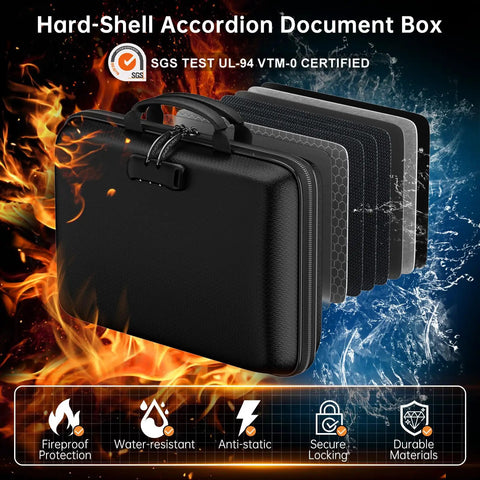 Lockable Fireproof Document Box With Water Resistant Hard Case And 25 Pocket Accordion File Organizer Portable Home Office Safe Storage For Important Docs And Laptop Black against flames and water background