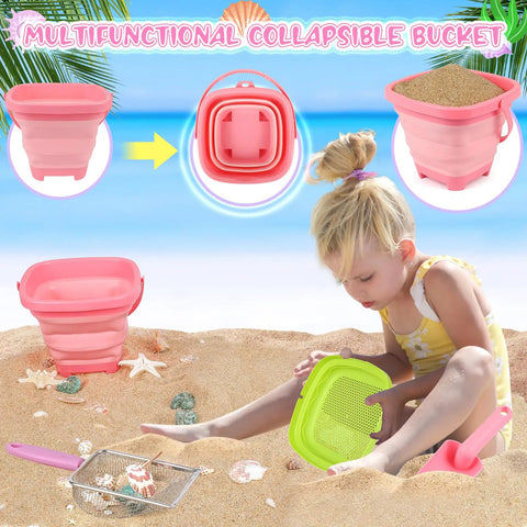 Child using Ultimate Beach Treasure Hunt Kit for Kids and Families with foldable sand bucket and sifter on the beach.