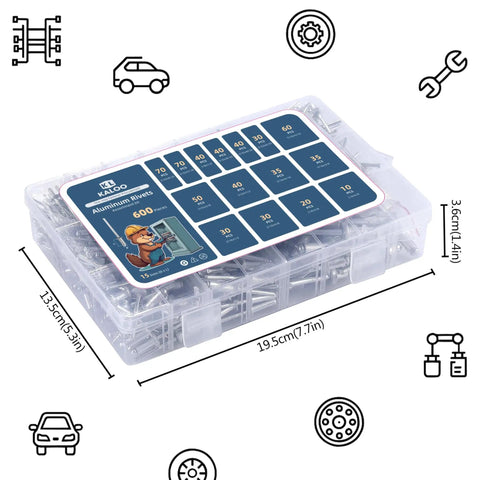 600 Piece Aluminum Pop Rivet Set Kit With Fifteen Size Assortment For Auto, Metalworking, And Furniture Projects in clear storage case