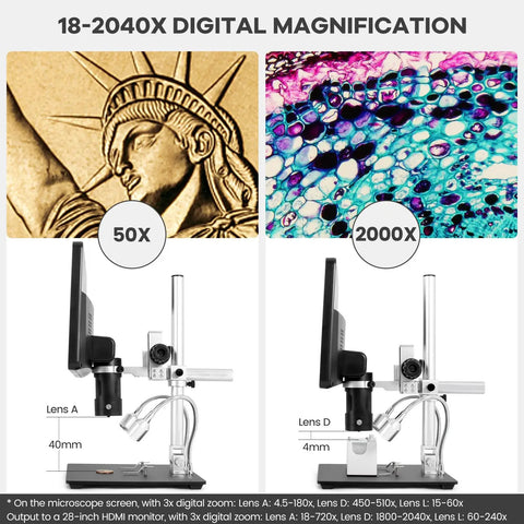 Crystal Clear 2160P HDMI Digital Microscope With 10.1 Inch Display Three Lens System For Soldering Repair Electronics Coins Plants Stones And Biological Slides Up To 2000x Magnification, 10.1-inch display and adjustable boom arm