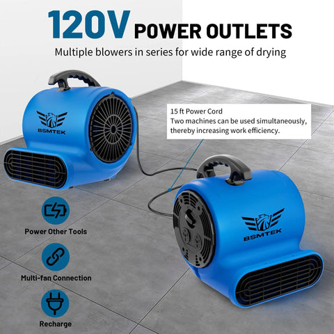 Two blue Beast Heavy Duty Industrial Air Mover Blower Fans with 15 ft cords on a tiled floor, 120V power outlets